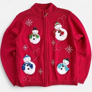 Vintage Classic Elements Christmas Red Zippered Cardigan W/ Embroidered Snowmen